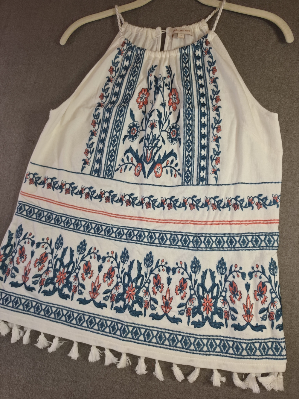 Skies Are Blue White Halter Tank Boho Blue & Coral Embroidery Tassles Small